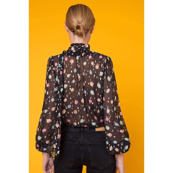 RIXO Moss Tie Neck Blouse in Sequin Watercolour Spot Black Pastel, XS - Picture 3 of 16